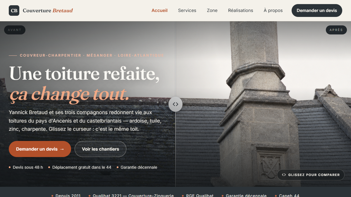 Accueil du site Couverture Bretaud — hero avant/après d'une toiture en ardoise
