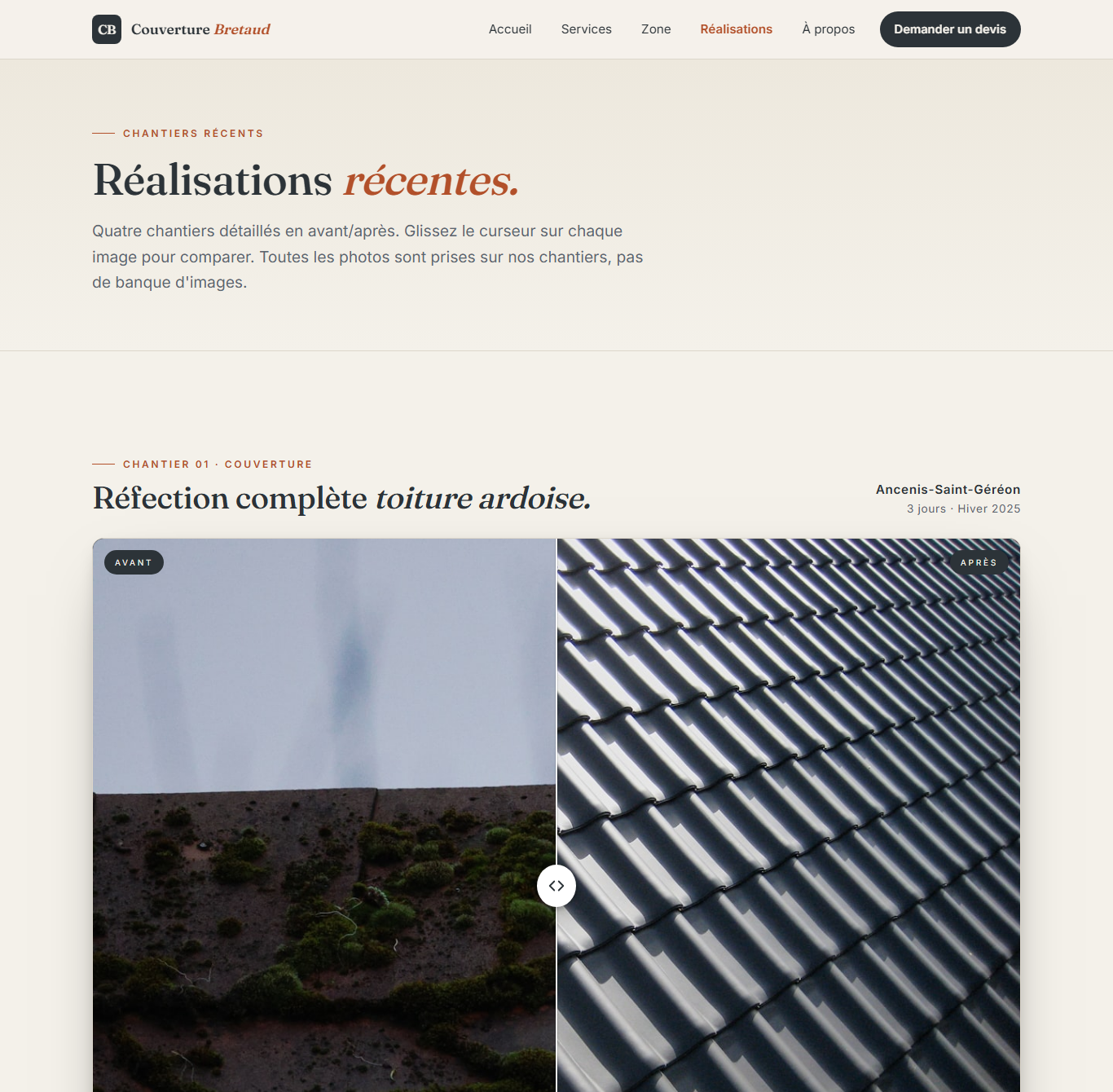 Compare slider avant/après sur une réfection toiture ardoise